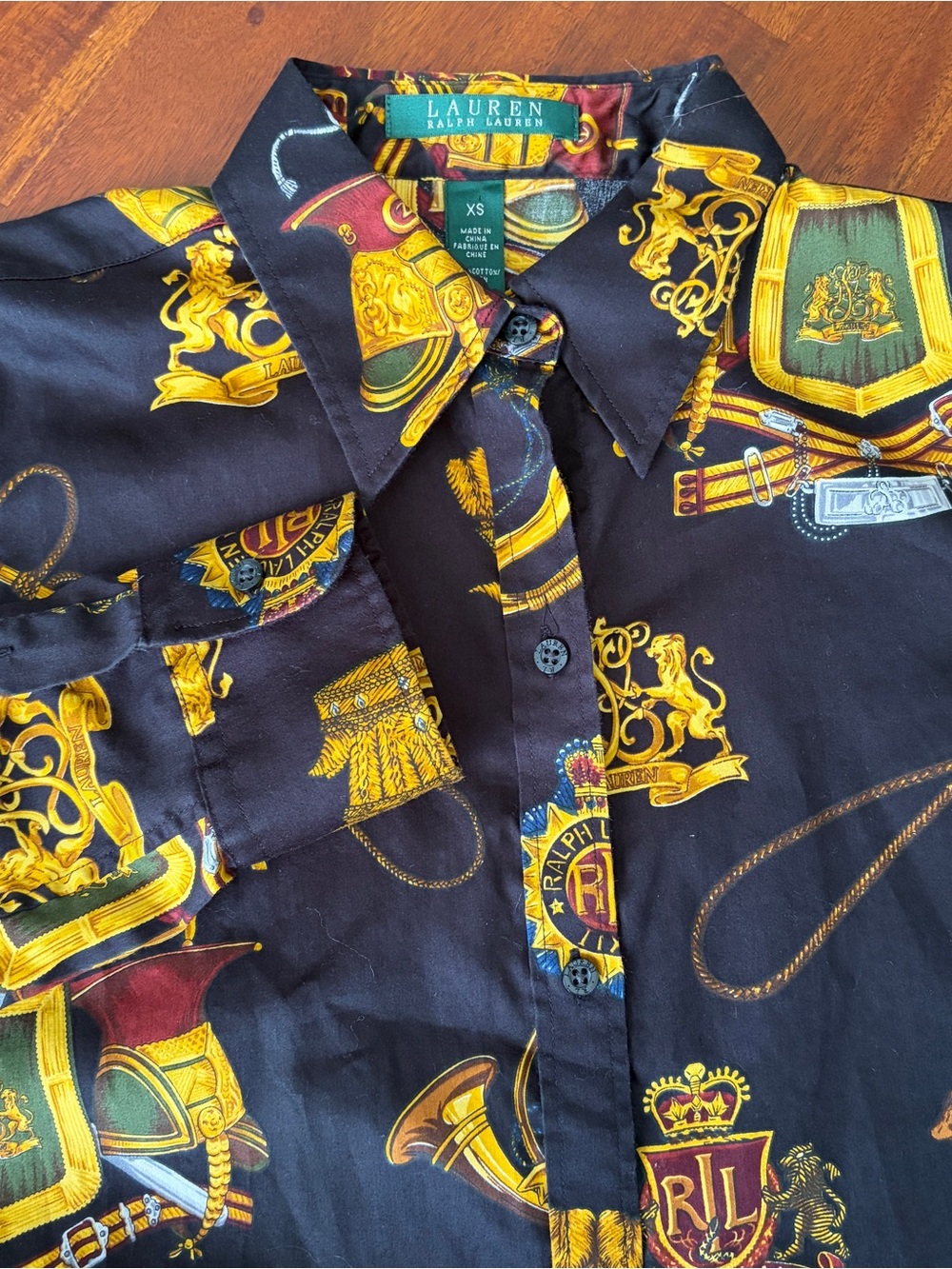 Lauren Ralph Lauren Black Gold Equestrian Lion Long Sleeve Button Up Shirt - Picture 2 of 8